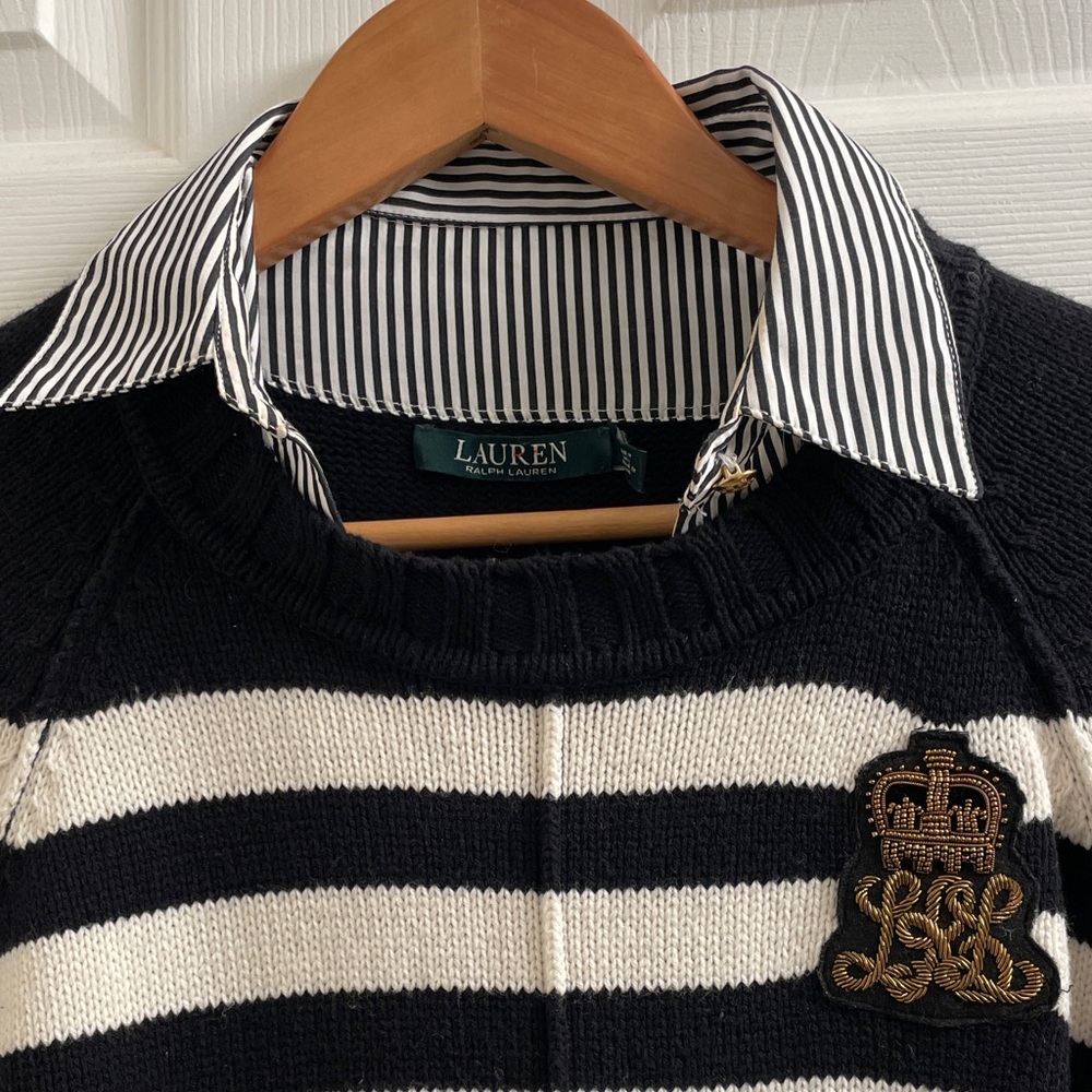 Ralph Lauren Polo Black & Cream Striped Layered Bullion Patched Sweater Size PL - Picture 8 of 17